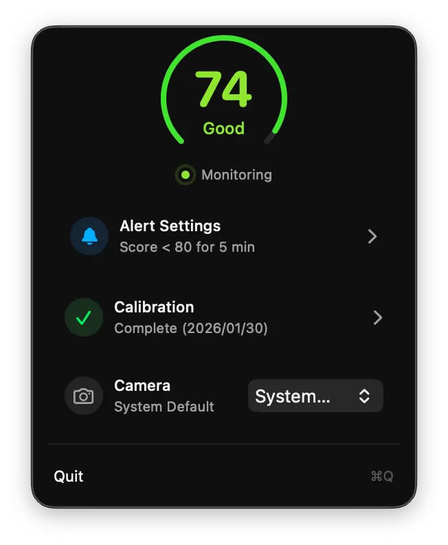 Flowease menu bar interface showing posture score